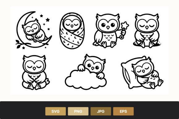 Download Cute Black White Owl Cartoon Set - Cute Collection