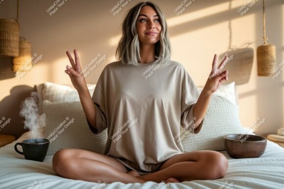 Download Woman Peace Gesture Cozy Bedroom Mockup - Bedroom mockup Collection
