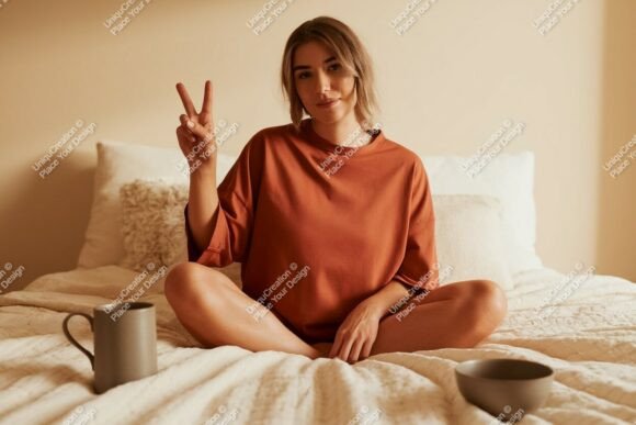 Download Woman Peace Sign Cozy Bedroom Mockup Ima - Bedroom mockup Collection