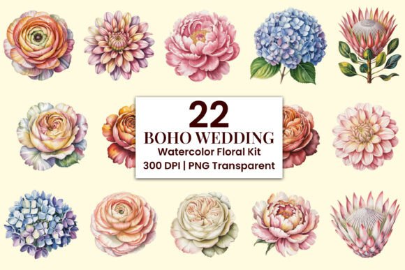 Download 22 Boho Wedding Watercolor Floral Kit - Wedding Collection