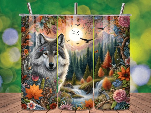 Download Wild Wolf in Autumn Forest River Tumbler - Wild wolf Collection